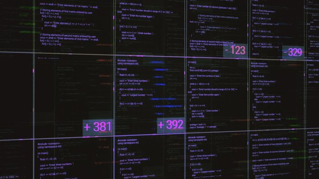 Blocks of abstract program code flowing and changing on black background. Animation. Data flowing on the screen of a computer or laptop, IT, software development and hacking concept.