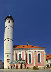 Domazlice, Czech Republic - Tower of the Church of the Nativity of the Virgin Mary in the Peace Square at the center of the town.