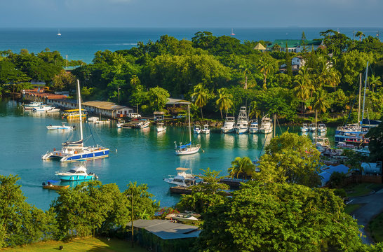 A view of yachts and boats moored on an inner waterway in Castries, St Lucia