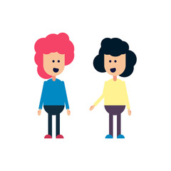 Female friendship flat vector illustration. Two young girls standing pose and speak to each other. Cheerful young girlfriends cartoon characters. Friendship concept for banner, website or web page