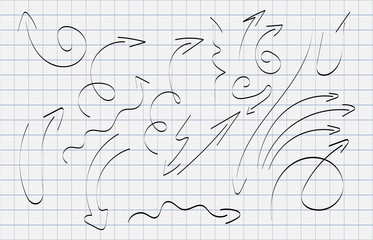 Collection of hand drawn doodle style vector arrows in various directions and styles.