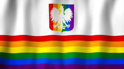 LGBT Gay Pride rainbow flag of Poland with coat of arms waving in the wind. Realistic flag with highly detailed fabric texture. Rainbow love concept. Symbol of tolerance and discrimination in Poland
