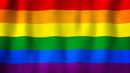 LGBT Pride Rainbow flag waving in the wind. Lesbian Gay Bisexual Transgender. Closeup of realistic LGBT flag with highly detailed fabric texture. Rainbow love concept. Human rights and tolerance