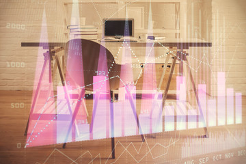 Multi exposure of financial graph drawing and office interior background. Concept of market analysis.