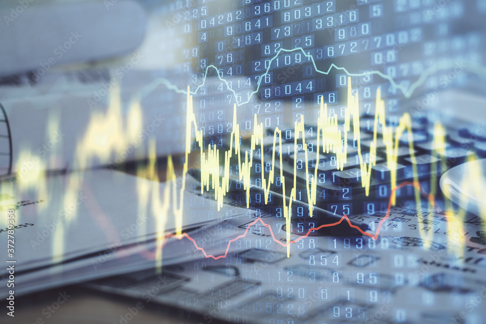 Aufkleber Double exposure of financial chart drawings and desk with open notebook background. Concept of forex market