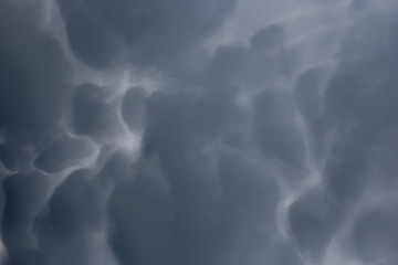 Fluffy clouds cover the summer blue sky
