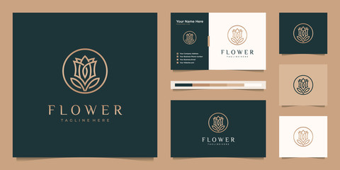 Minimalist elegant flower rose luxury beauty salon, fashion, skincare, cosmetic, yoga and spa products. logo design and business card Premium Vector