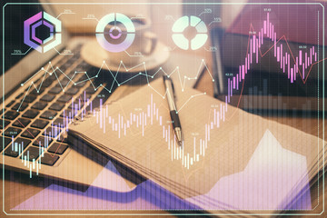 Double exposure of forex chart drawing and desktop with coffee and items on table background. Concept of financial market trading