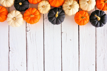 Autumn pumpkin top border in Halloween colors orange, black and white against a white wood background. Copy space.
