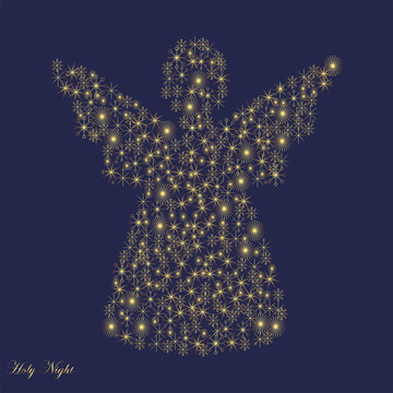 Holy Night card with golden angel in blue sky, shiny illustration for festive winter time, vector