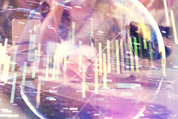 Fototapeta na wymiar Double exposure of man and woman working together and financial theme hologram. international business concept. Computer background.