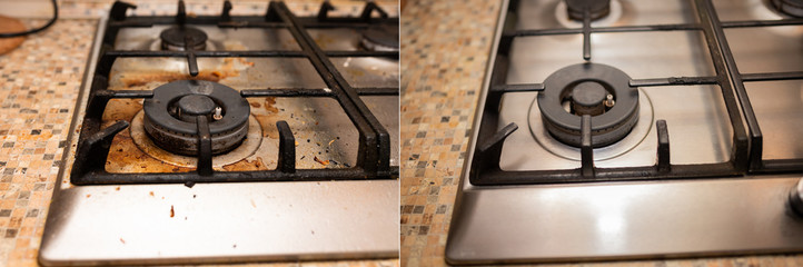 Dirty gas stove stained while cooking, a stove in grease. Unsanitary conditions, a mess in the house. Collage before and after cleaning from dirt.