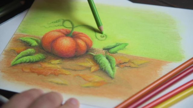 Dibujando Calabaza Colores de Otoño Octubre Lápiz de color papel de Arte Pasatiempo Practicando en Cuarentena pigmento