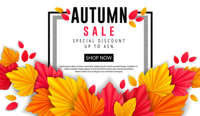 Autumn banner with bright origami leaves for web design. Season sale, voucher, discount. Vector illustration