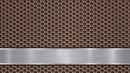 Background of bronze perforated metallic surface with holes and horizontal silver polished plate with a metal texture, glares and shiny edges