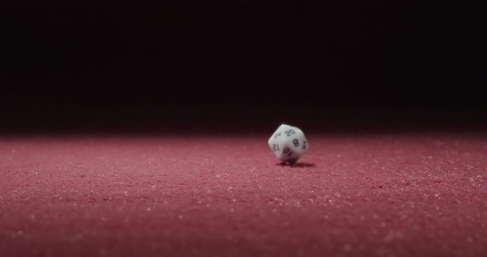 Wide of White 20-Sided Dice Rolling in Slow Motion Revealing 20 Side