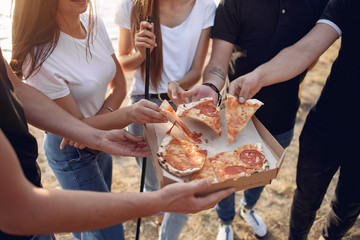 Group of friends is sitting near the lake. They wear casual clothes. Young people eat pizza outside.