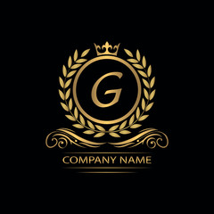 Golden Letter G laurel wreath template logo Luxury gold letter with crown. Monogram alphabet . Beautiful royal initials letter.	