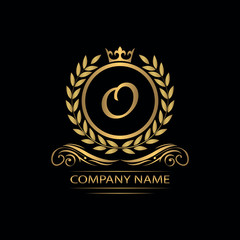 Golden Letter O laurel wreath template logo Luxury gold letter with crown. Monogram alphabet . Beautiful royal initials letter.	