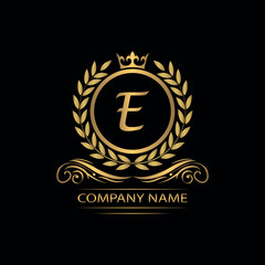 Golden Letter E laurel wreath template logo Luxury gold letter with crown. Monogram alphabet . Beautiful royal initials letter.	