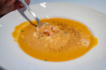 Close up shot of delicious lobster soup