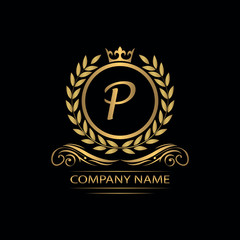 Golden Letter P laurel wreath template logo Luxury gold letter with crown. Monogram alphabet . Beautiful royal initials letter.	