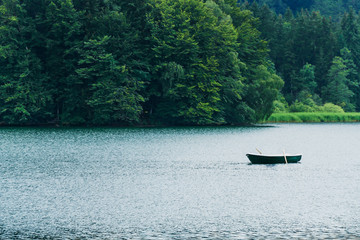 Fototapeta na wymiar A boat with oars in the middle of a lake in a light rain. Large trees on the far side of the lake. Beautiful natural background. The concept of the beauty of nature in Europe. Dense forest by the lake
