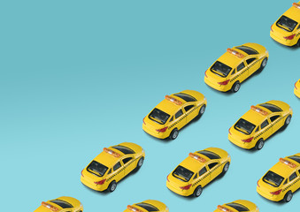 Pattern with toy machine yellow cab on white background. Public taxi service concept. Urban taxi...