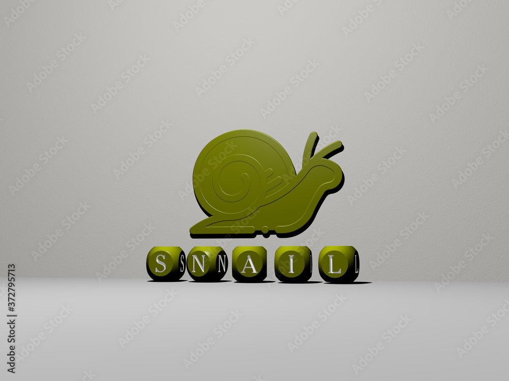 Wall mural snail 3D icon on the wall and text of cubic alphabets on the floor, 3D illustration for background and animal