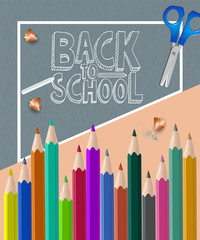 poster for back to school written in white on a gray background with a pair of scissors and colored pencils below on a salmon background