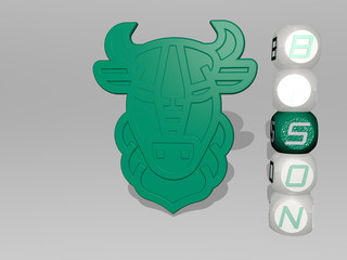 bison 3D icon beside the vertical text of individual letters, 3D illustration for buffalo and animal