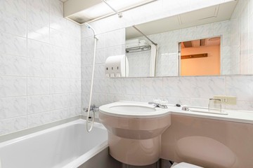 Small bathtub and shower in the bathroom at the hotel.