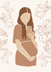 Pregnant mother illustration with flowers on the background. Cute young pregnant woman print poster.