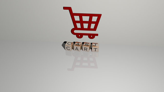 cart text of cubic dice letters on the floor and 3D icon on the wall, 3D illustration for shopping and background
