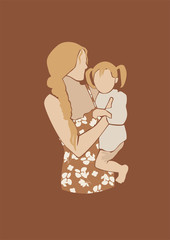 Illustration of parent with a kid on the earthy nude isolated background. Lovely family wall art print.