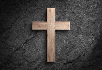 Christianity wooden cross jesus christ sign dark stone wall