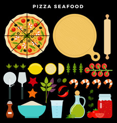 Pizza with seafood and all ingredients for cooking it. Make your pizza. Set of products and tools for pizza making. Vector illustration on dark background
