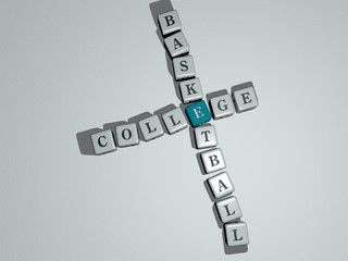 COLLEGE BASKETBALL crossword by cubic dice letters, 3D illustration for education and background