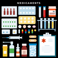 Medicine and Pharmacy. Bottles with drugs and pills in blisters. Buy medicaments and drugs online on dark background