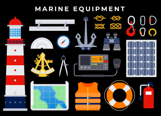 Marine Equipment, anchor, nautical seafaring, sailing equipment. anchor, binoculars, lifebuoy, life jacket, hook, knots, carbines, compass, map. on dark background