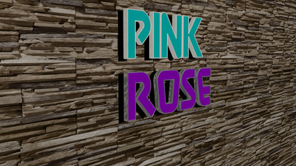 pink rose text on textured wall, 3D illustration for background and abstract