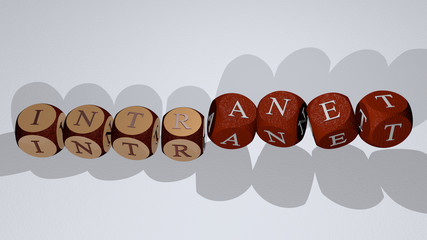 INTRANET text by dancing dice letters, 3D illustration for network and business