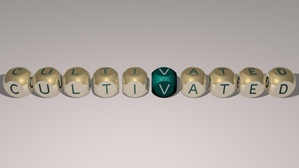 CULTIVATED text by cubic dice letters, 3D illustration for agriculture and field