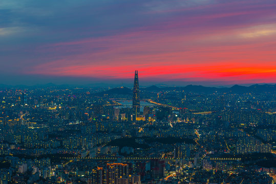  View sunset seoul city skyline, view from high level hannam sansong  in seoul city south korea 