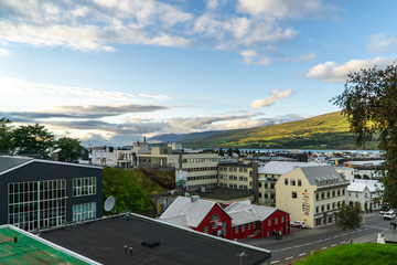 Sun Lit Day Across the Roofs of Akureyri Iceland