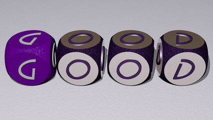 crosswords of good arranged by cubic letters on a mirror floor, concept meaning and presentation for illustration and background