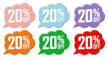Set Sale 20% off speech bubble banners, discount tags design template, app icons, vector illustration
