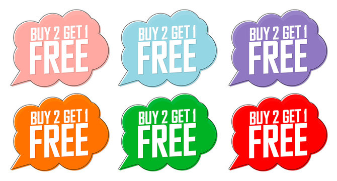 Set Buy 2 Get 1 Free tags, sale speech bubble banners design template, discount badge collection, app icons, vector illustration