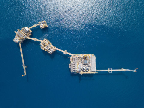 Aerial view of offshore Central Processing Production Platforms For Oil and Gas Production