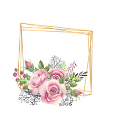 Pink rose flowers, green leaves, berries in a gold geometric frame. Wedding concept with flowers. Watercolor compositions for the decoration of greeting cards or invitations